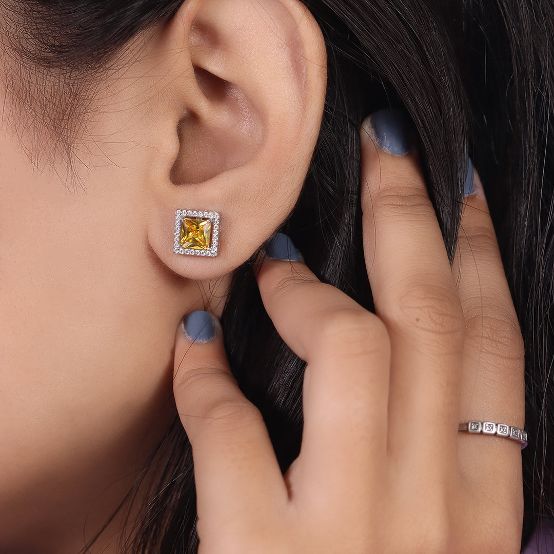 Silver yellow sapphire square diamond earring