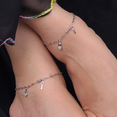 Silver Lock & Key Charm Anklet for Women