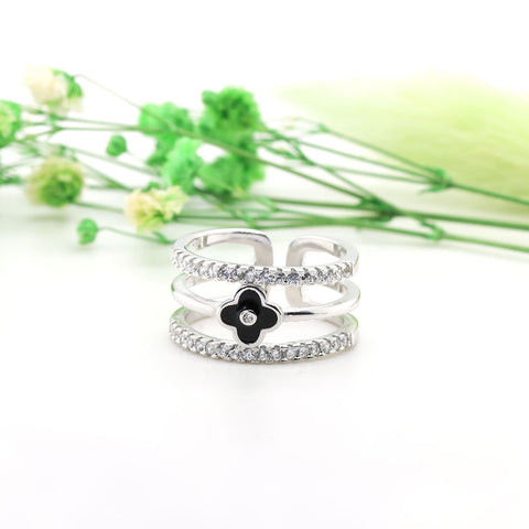 Sterling silver three row diamond with black flower adjustable ring