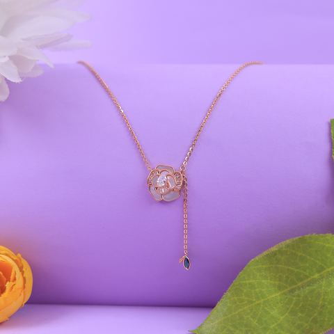 Rose Gold Rose Flower Mother of Pearl Pendant With Chain