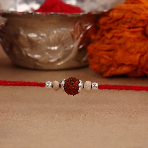 Rudraksha With Silver and Chandan Bead Rakhi for Brothers