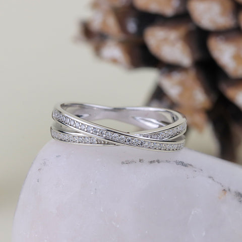 925 Sterling Silver Criss-Cross Diamond Band Ring for Women