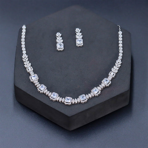 Classic white square cut cubic zircon woman wedding diamonds silver necklace and earrings set