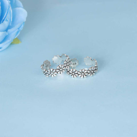 925 Sterling Silver Adjustable Oxidized Flower Toe Ring for Women