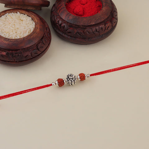 Silver Shiny Flower Shape Rudraksha Pure Silver Rakhi for Brother