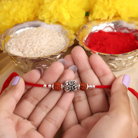 Big Bali Flower Design With Dual Rudraksha Silver Rakhi