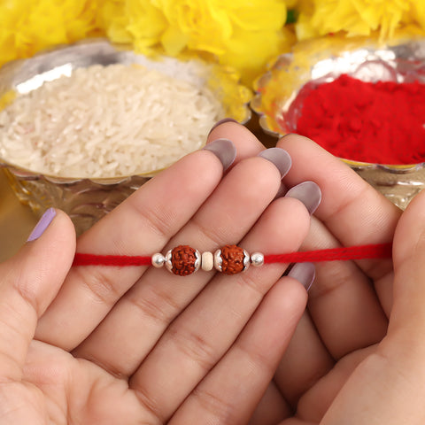 Dual Rudraksh With Chandan Silver Beads Rakhi