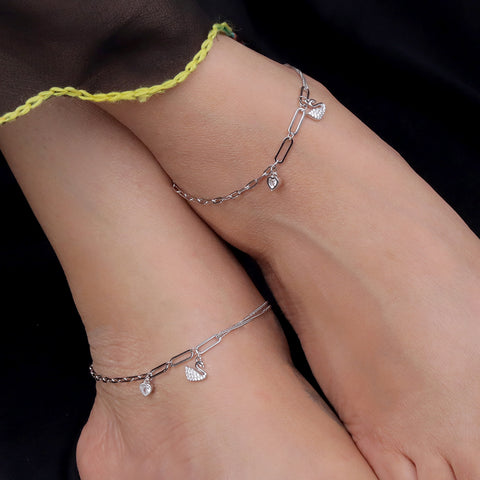 925 Sterling Silver Swan & Heart Charm Anklet for Women