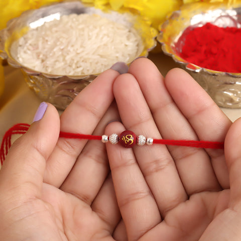 Maroon Om Stone With Silver Beads Rakhi