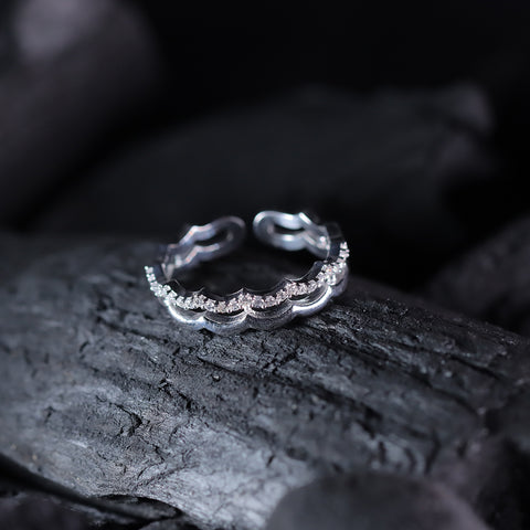 925 Sterling Silver Scalloped Adjustable CZ Ring for Women