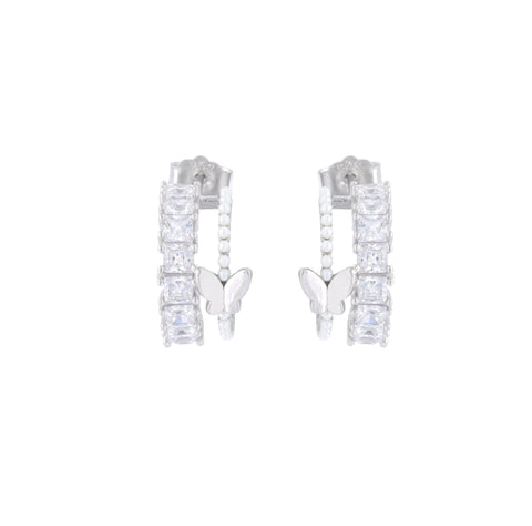 Silver Butterfly Hoop Earrings with CZ Diamonds & Mini Pearls