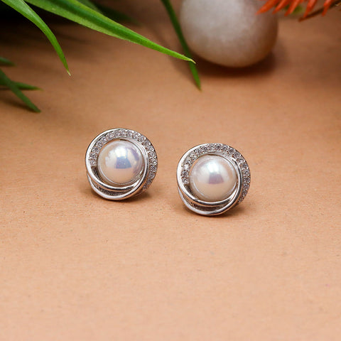 Silver pearl stud diamond earrings