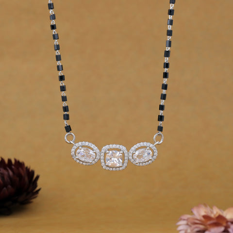 92.5 Sterling  Silver Triple Solitaire Stone Mangalsutra For Women