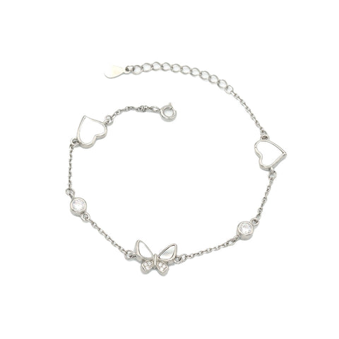 Silver dual heart with butterfly chain bracelet