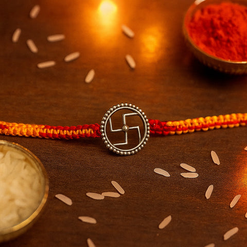 Silver Swastik Rakhi With Outer Circle