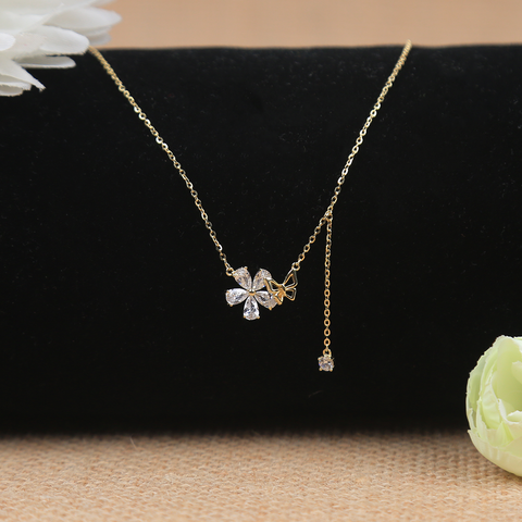 Gold Plated Flower With Small Butterfly Pendant With Chain