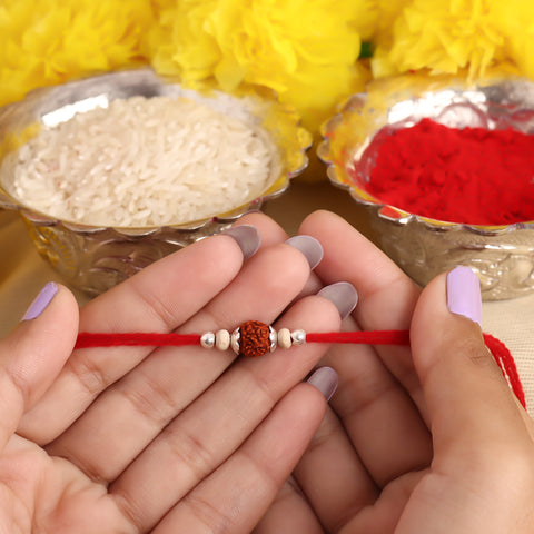 Rudraksha With Silver and Chandan Bead Rakhi for Brothers