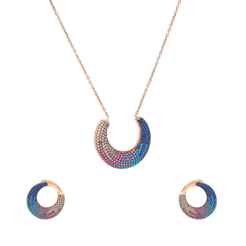 Rose Gold Half Moon Rainbow Multi Color CZ Necklace With Earrings Set