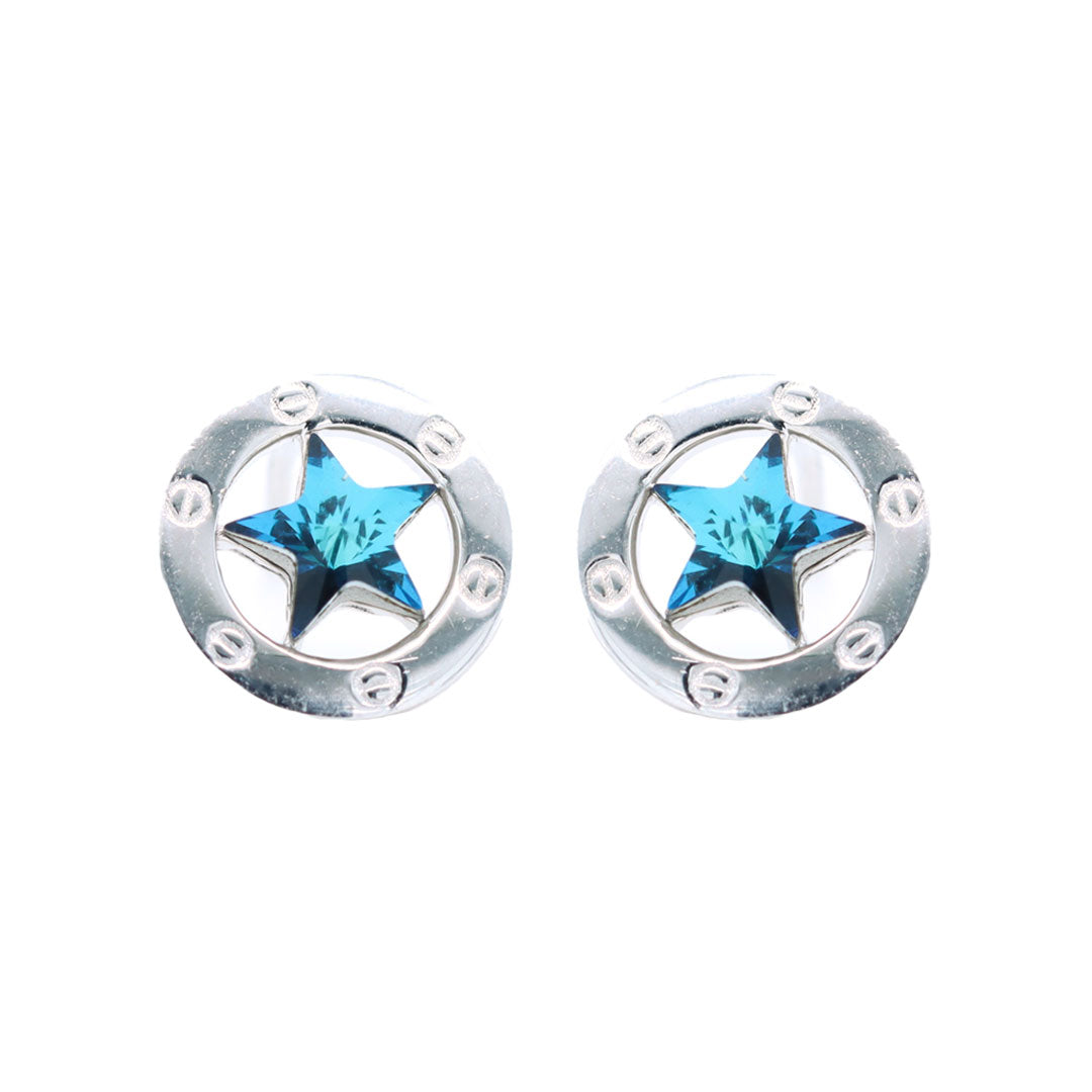 Silver blue sapphire star with round stud earring