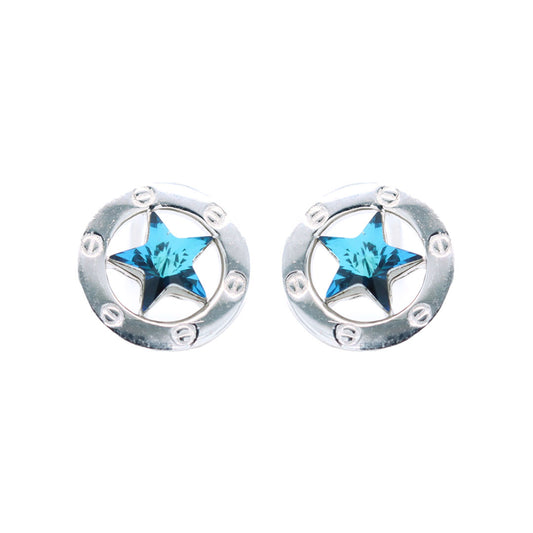 Silver Blue Sapphire Star With Round Stud Earring
