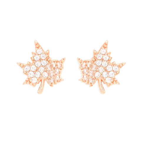 925 Sterling Silver Rose Gold Plated Maple Leaf CZ Stud Earrings