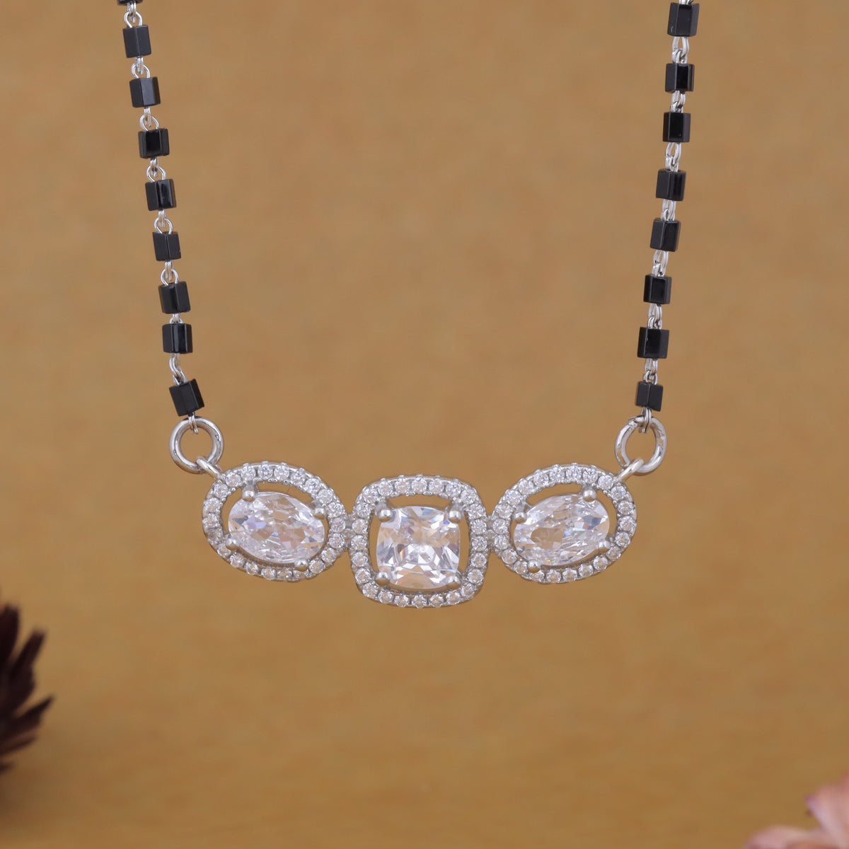 92.5 Sterling  Silver Triple Solitaire Stone Mangalsutra For Women