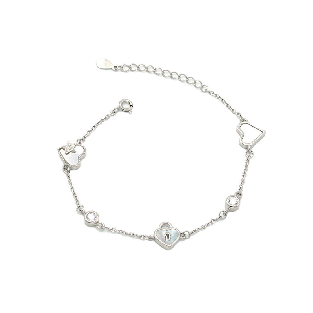 Silver dual heart with lock and mini star chain bracelet