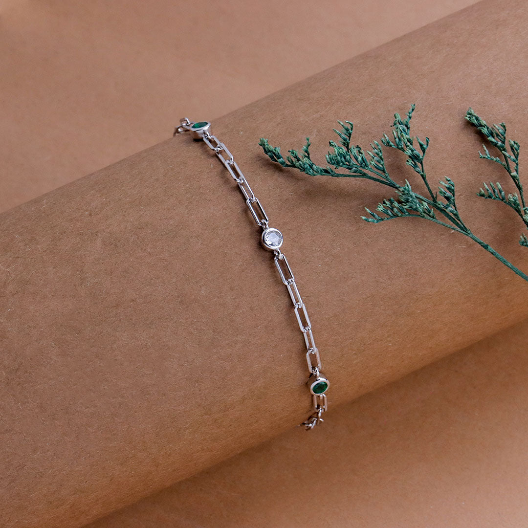 Silver Paperclip Chain Birthstone Green and White Charm Bracelet
