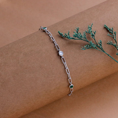 Silver Paperclip Chain Birthstone Green and White Charm Bracelet