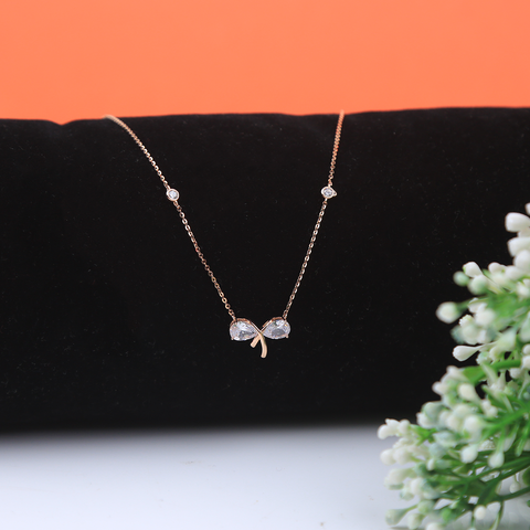 Rose Gold Crystal Bow Cz Pendant With Chain