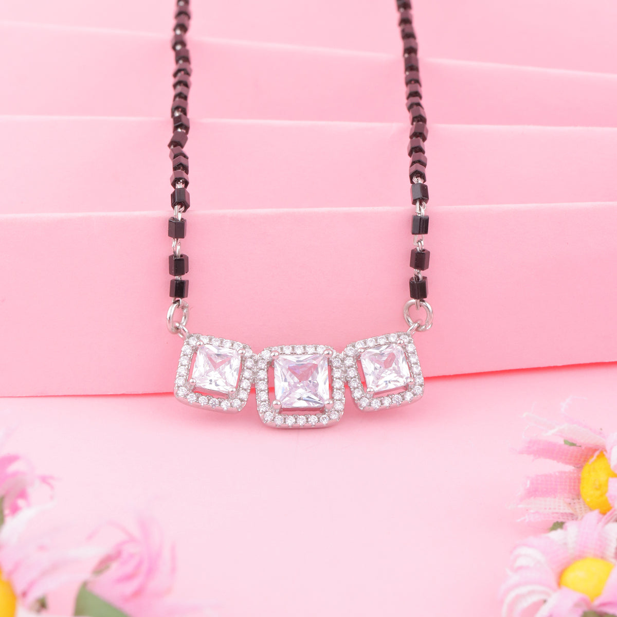92.5 Silver Triple Cushion Solitaire Mangalsutra For Women