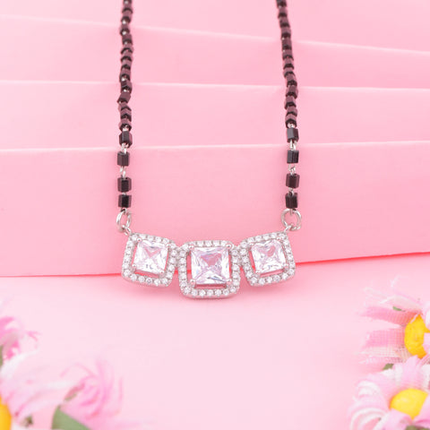 92.5 Silver Triple Cushion Solitaire Mangalsutra For Women