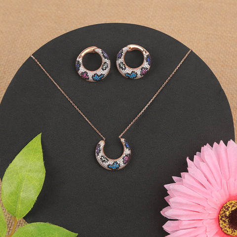 Rose Gold Rainbow CZ Crescent Necklace With Earrings Set