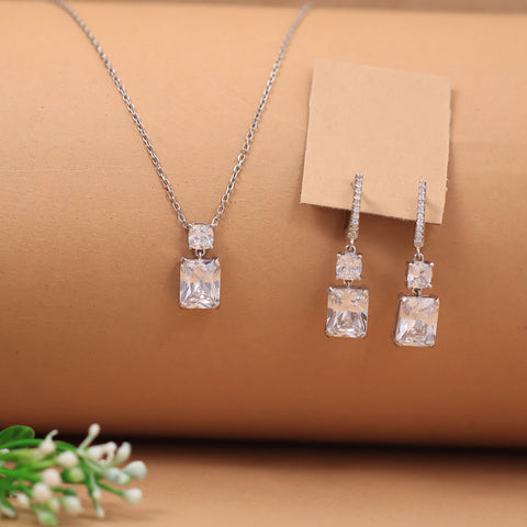 Silver High Studded Square Diamond Necklace With Earrings Set