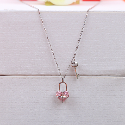 Silver Pink Sapphire Heart Shape Lock With Key Pendant With Chain