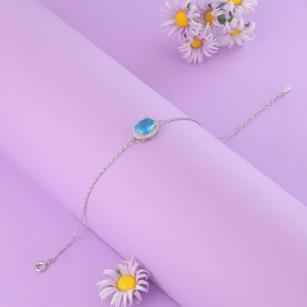 925 Sterling Silver Blue Topaz Halo Bracelet for Women