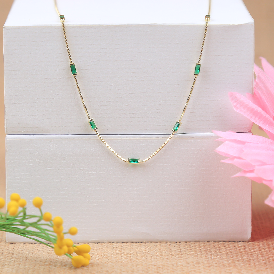 Gold Plated Emerald Baguette Green Necklace