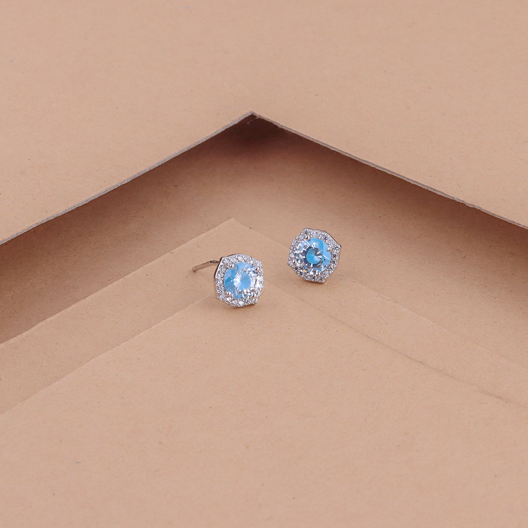 Blue Solitaire Cubic Zirconia Sterling Silver Stud Earring