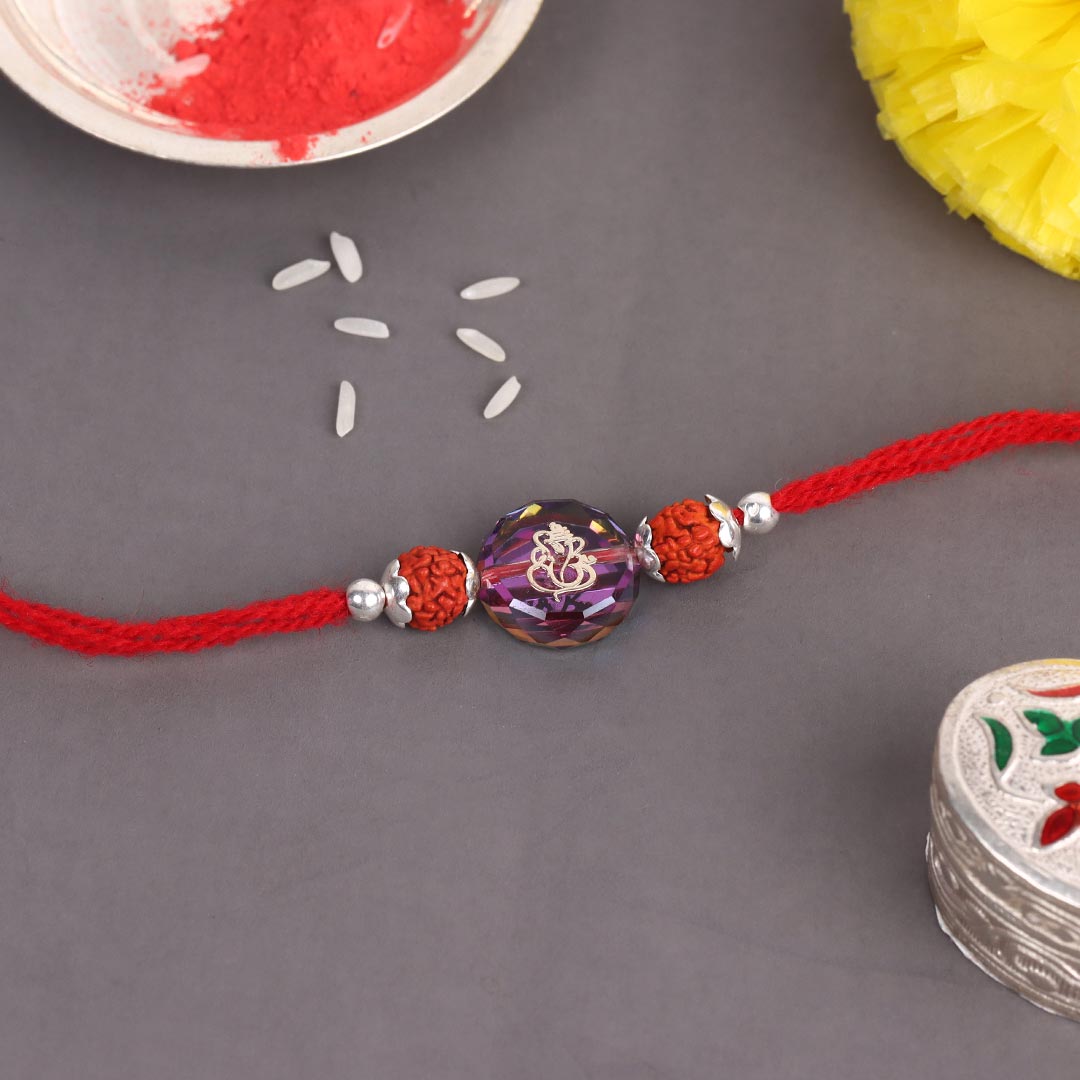 Dual Rudraksha With Color Change Ganesha Stone  Bead Silver Rakhi