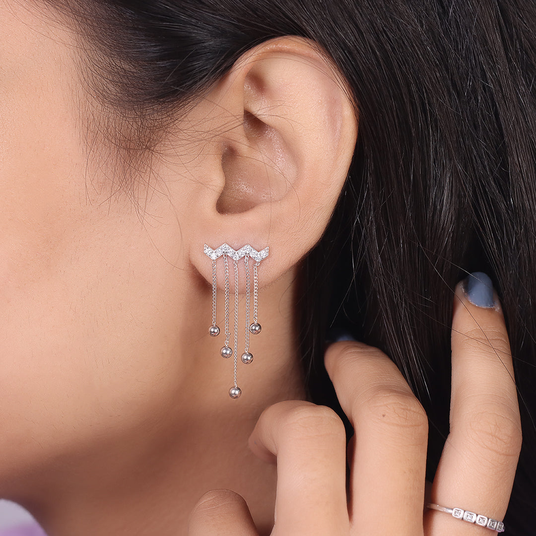 Wave shape hanging beads silver diamond earring