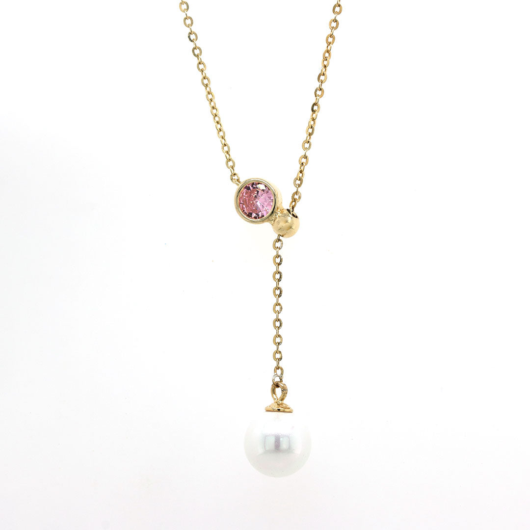 Gold plated pink stone with hanging pearl pendant with chain