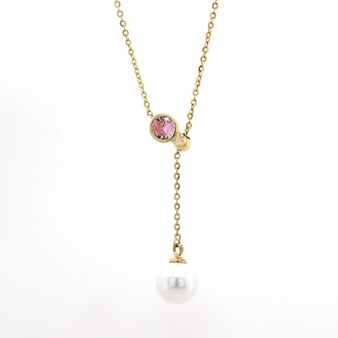 Gold plated pink stone with hanging pearl pendant with chain