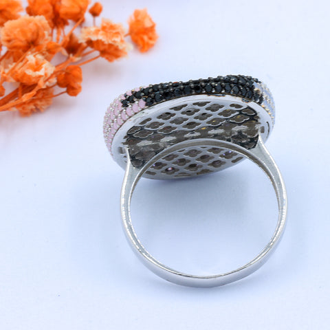 Silver oval shape multi color diamond ring