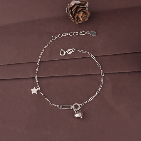 925 Sterling Silver Star & Heart Charm Chain Bracelet
