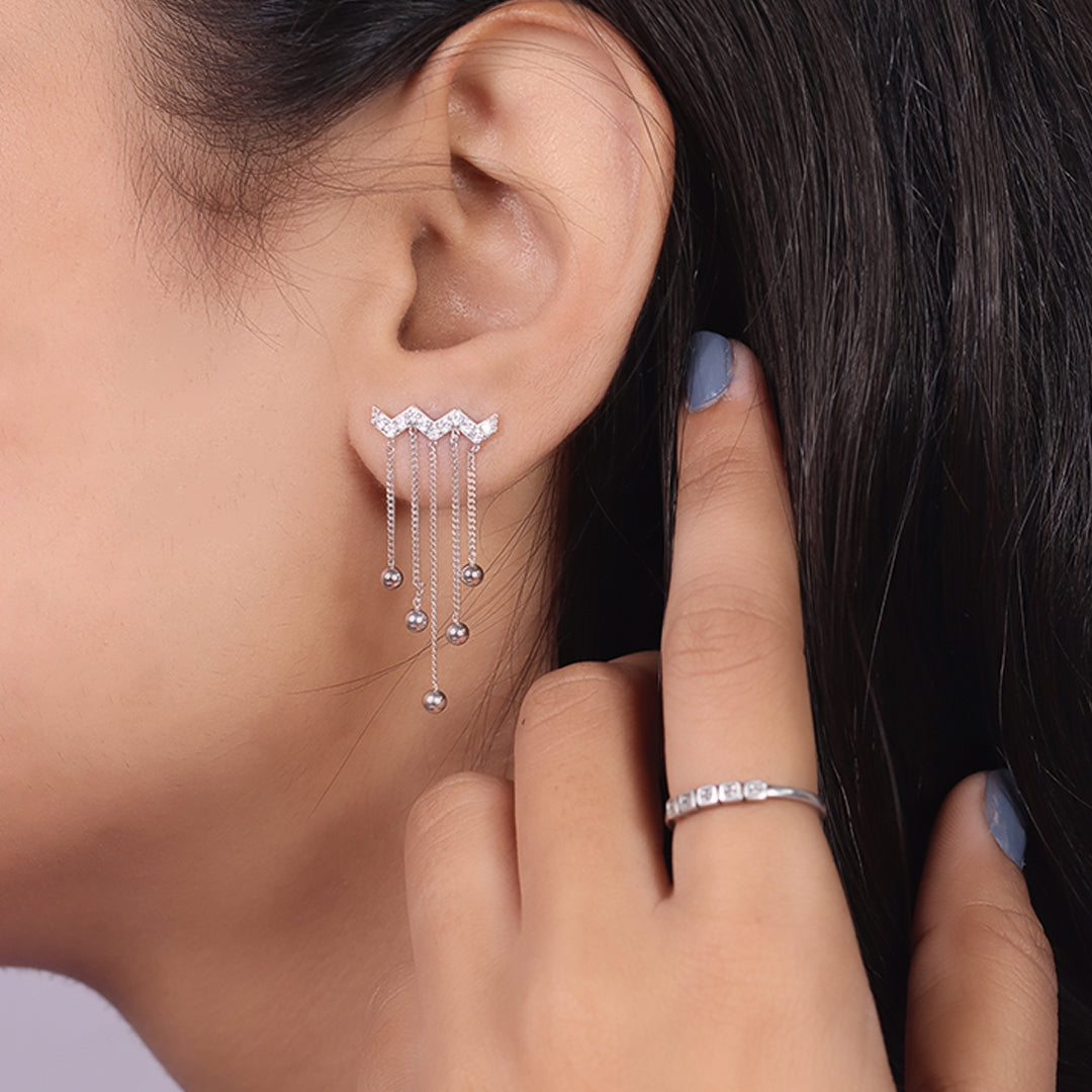 Wave shape hanging beads silver diamond earring