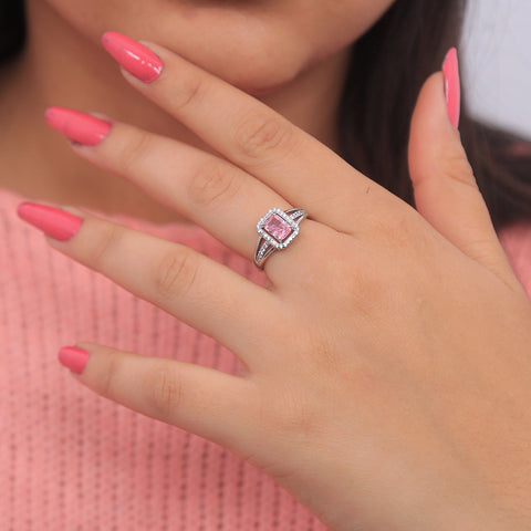 Pink Sapphire Square Diamond Ring Silver