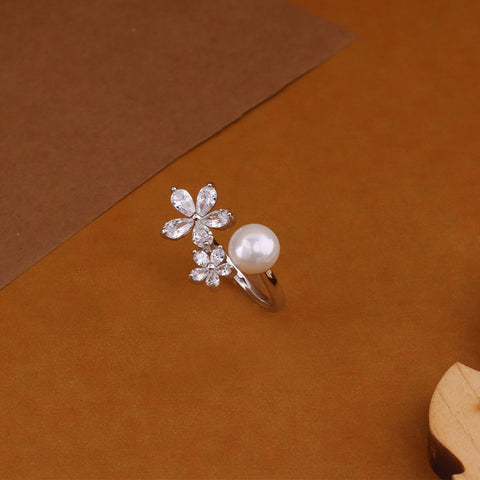 Silver-Toned White Stone Studded Flower Ring