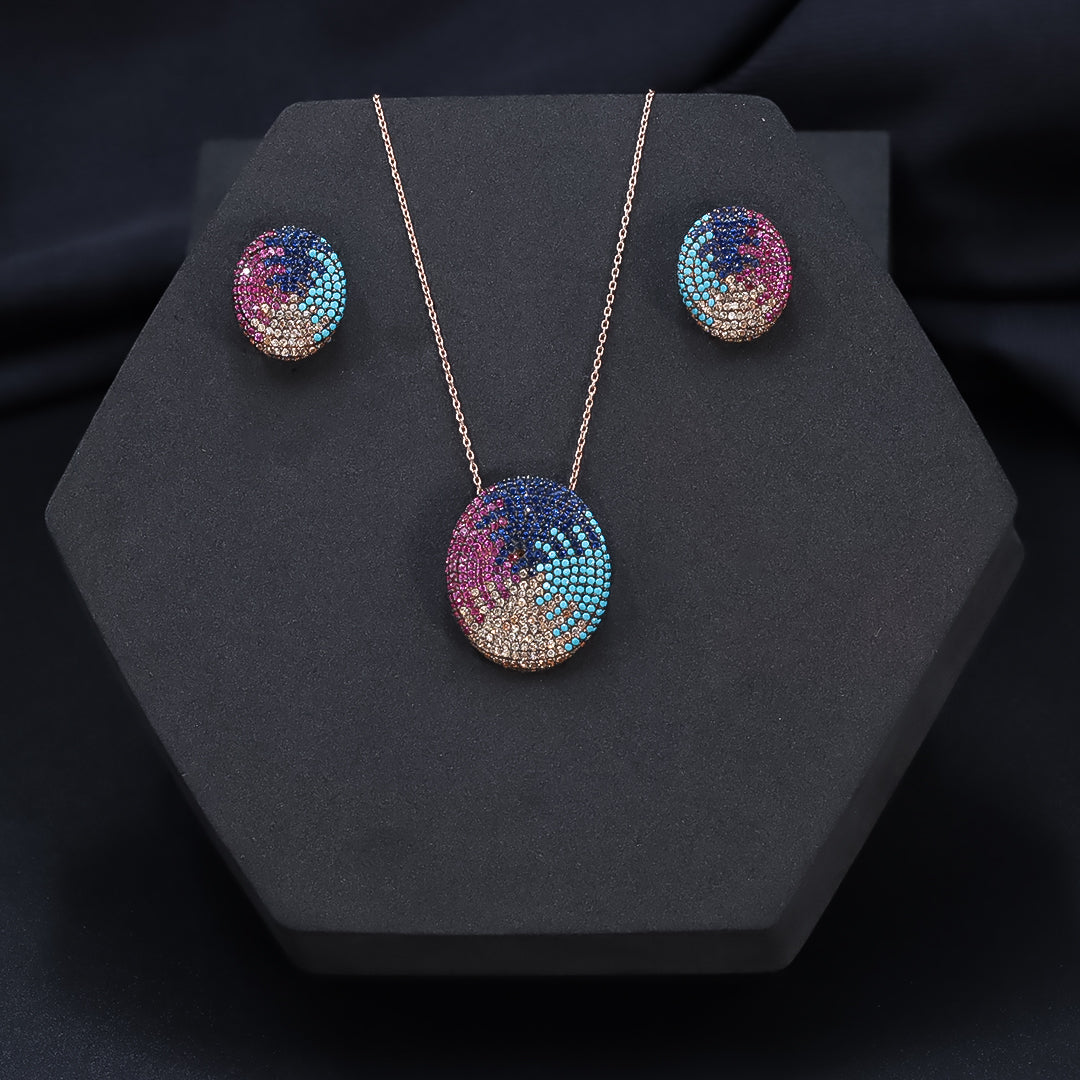 Rose gold oval shape multi color diamond necklace with earring