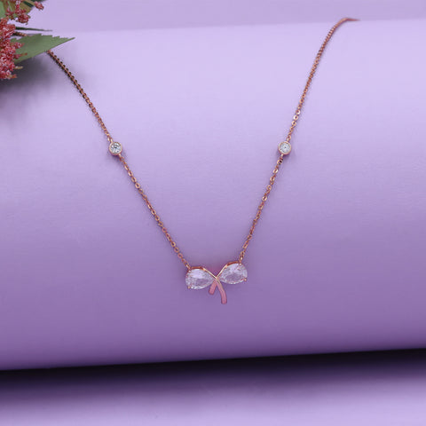 Rose Gold Crystal Bow Cz Pendant With Chain