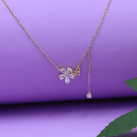 Gold Plated Flower With Small Butterfly Pendant With Chain